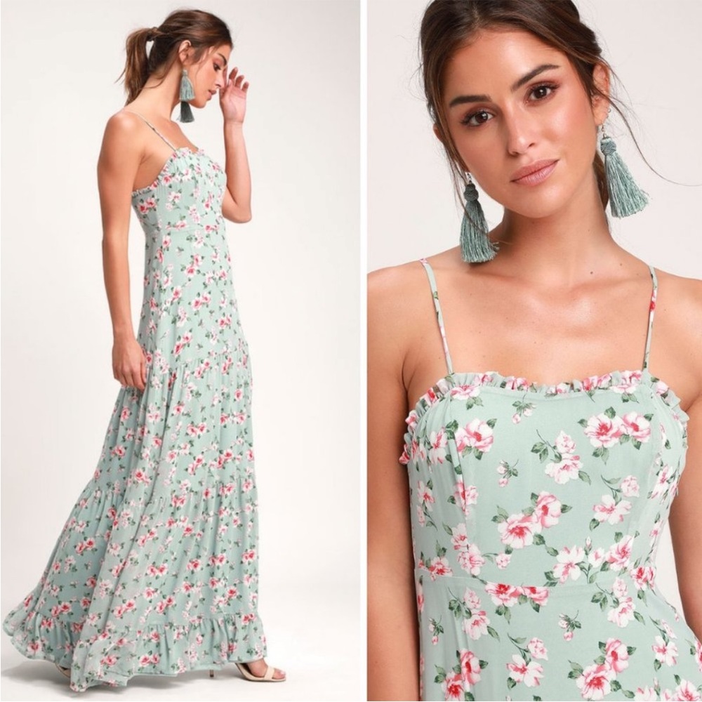 Lulu’s Melissa Sage Floral Tiered Maxi Dress - Size Small - Picture 1 of 8